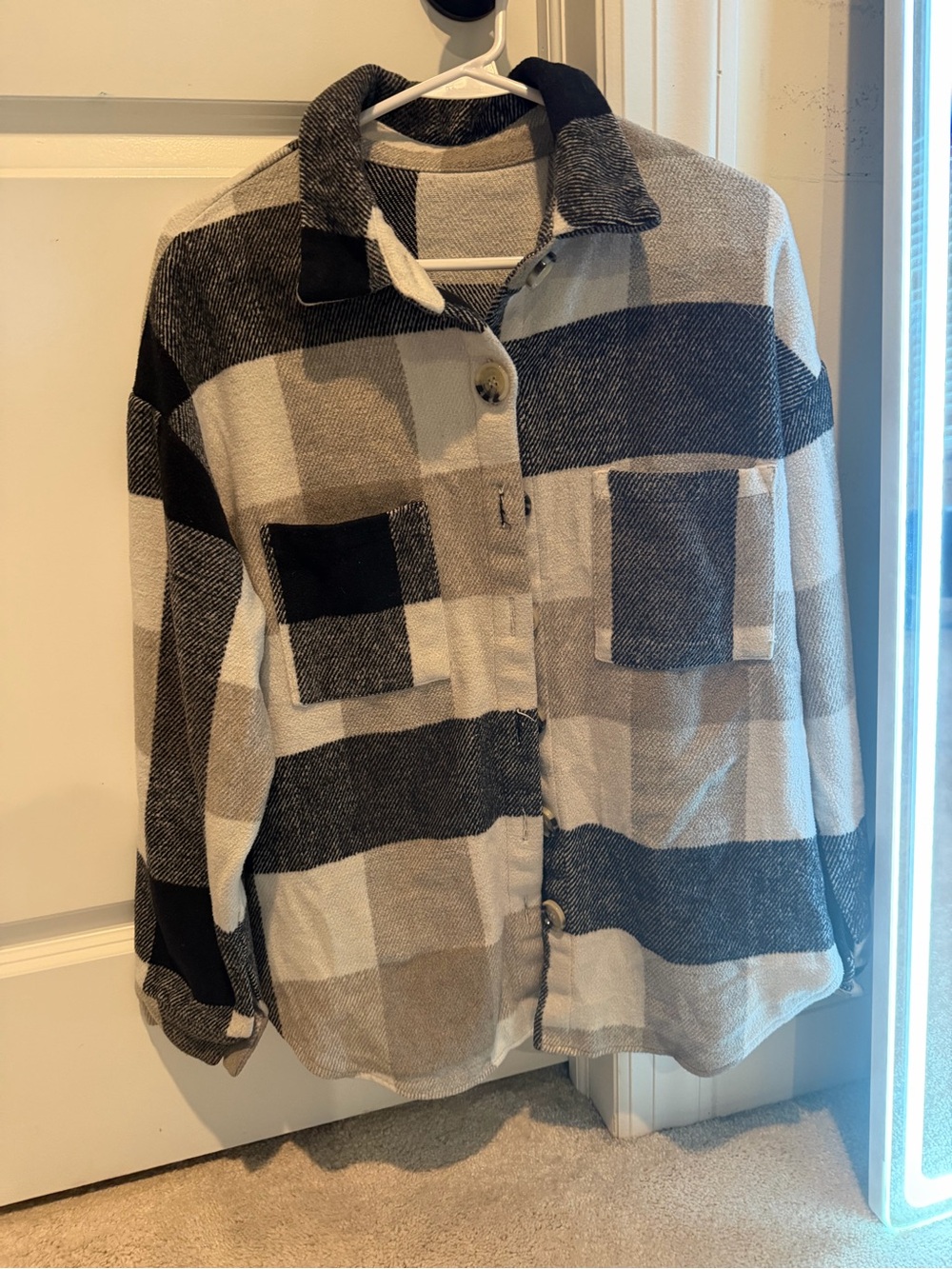 Women’s Plaid Button-Up Shacket in Black, Gray & Cream